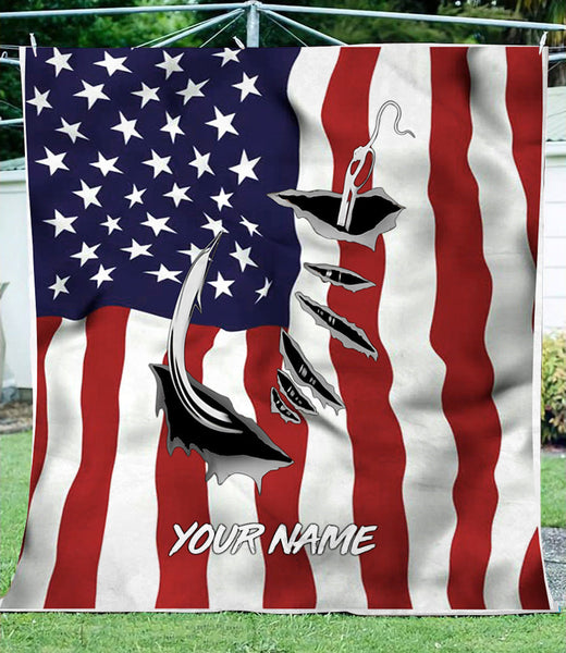 Maxcorners Fish Hook American Flag Customized Name 3D Quilt - Blanket