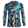 Maxcorners Custom Fish Reaper Skull Bass Long Sleeve Fishing Shirt, Bass Hunter Blue Camo Fishing Jerseys LM0201