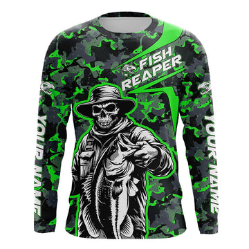 Maxcorners Custom Fish Reaper Skull Bass Long Sleeve Fishing Shirt, Bass Hunter Green Camo Fishing Jerseys LM0201