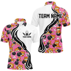Maxcorners Custom Cute Funny Ginger Tabby Cat Bowling Men Polo Shirts, Cat Bowling Team Shirt 2 LM2512