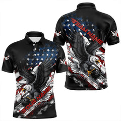 Maxcorners Personalized American Flag Eagle Men Bowling Polo Shirts, Patriotic Us Bowling League Shirt