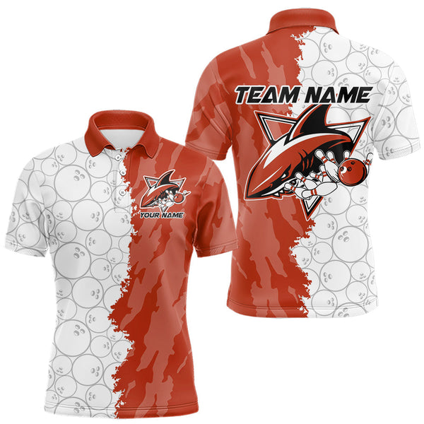 Maxcorners Custom White And Orange Shark Bowling Polo Shirts For Men, Shark Bowling League Shirt