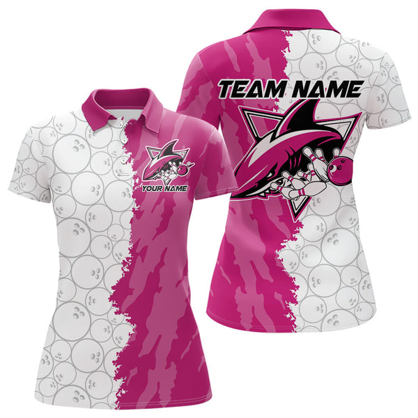 Maxcorners Custom White And Pink Shark Bowling Polo Shirts For Men, Shark Bowling League Shirt