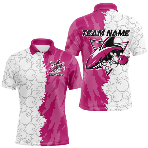 Maxcorners Custom White And Pink Shark Bowling Polo Shirts For Men, Shark Bowling League Shirt