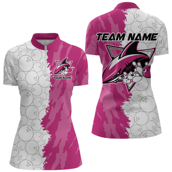 Maxcorners Custom White And Pink Shark Bowling Polo Shirts For Men, Shark Bowling League Shirt