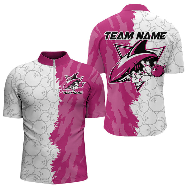 Maxcorners Custom White And Pink Shark Bowling Polo Shirts For Men, Shark Bowling League Shirt