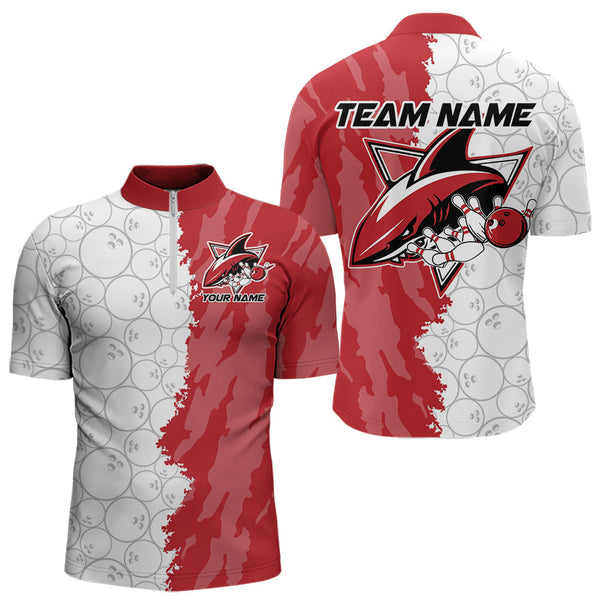 Maxcorners Custom White And Red Shark Bowling Polo Shirts For Men, Shark Bowling League Shirt