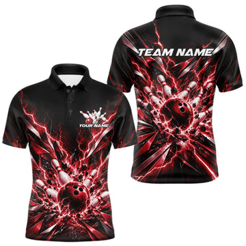 Maxcorners Custom Black And Red Lightning Bowling Tournament Jersey, Bowling Team Men Polo Shirt LM0410