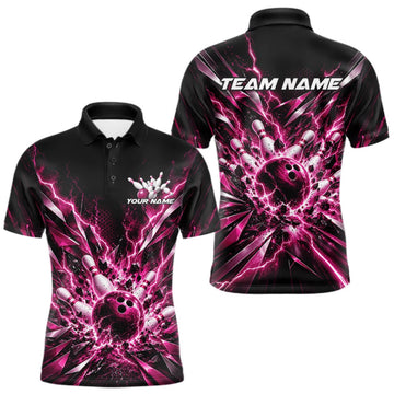 Maxcorners Custom Black And Pink Lightning Bowling Tournament Jersey, Bowling Team Men Polo Shirt LM0410