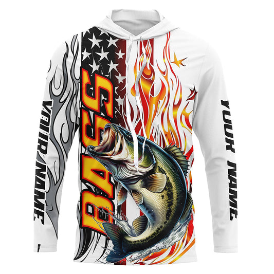 Maxcorners Flame American Flag Custom Bass Long Sleeve Fishing Shirts, Patriotic Bass Fishing Jerseys LM0201