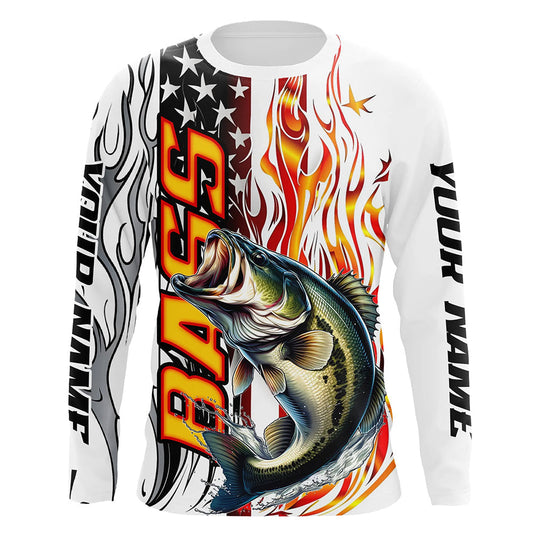 Maxcorners Flame American Flag Custom Bass Long Sleeve Fishing Shirts, Patriotic Bass Fishing Jerseys LM0201