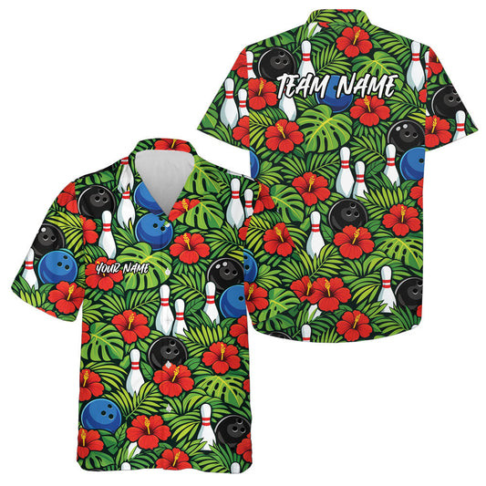 Maxcorners Custom Tropical Leaves And Hibiscus Flower Summer Vibe Hawaiian Bowling Team Shirts LM0503