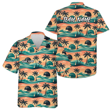 Maxcorners Custom Summer Vibe Ocean And Palm Tree Bowling Hawaiian Team Shir LM0503