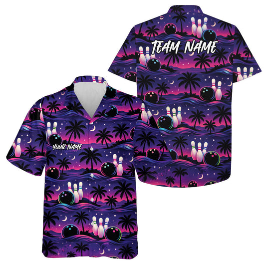 Maxcorners Custom Pink And Purple Tropical Palm Tree Hawaiian Bowling Shirts For Men And Women LM0503