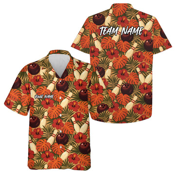 Maxcorners Custom Tropical Leaves And Hibiscus Flower Hawaiian Bowling Team Shirt For Men And Women 1 LM0503