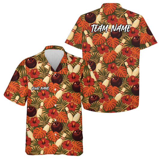 Maxcorners Custom Tropical Leaves And Hibiscus Flower Hawaiian Bowling Team Shirt For Men And Women 1 LM0503