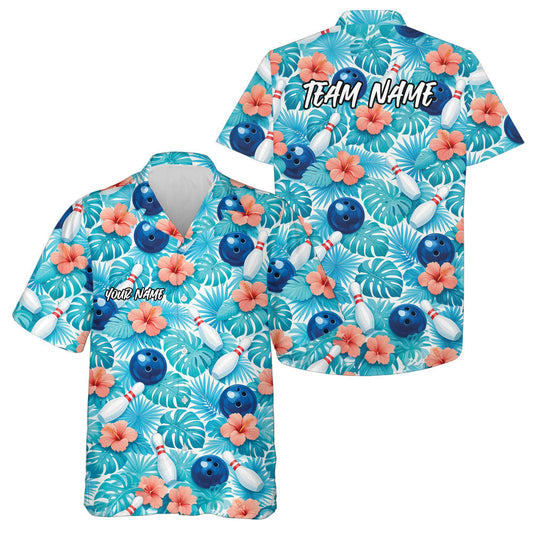 Maxcorners Custom Blue Tropical Leaves And Hibiscus Flower Hawaiian Bowling Shirt For Men And Women LM0503