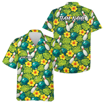 Maxcorners Custom Tropical Leaves And Hibiscus Flower Hawaiian Bowling Shirts For Men And Women 1 LM0503