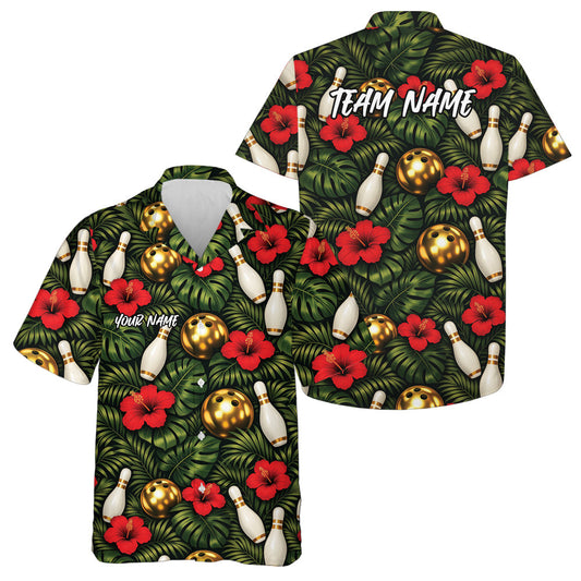 Maxcorners Custom Tropical Leaves And Hibiscus Flower Golden Bowling Ball Hawaiian Bowling Team Shirt LM0503