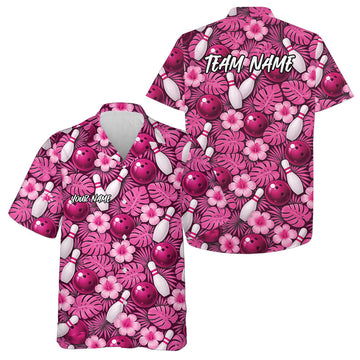 Maxcorners Custom Pink Tropical Leaves And Hibiscus Flower Hawaiian Bowling Shirts For Men And Women  LM0503