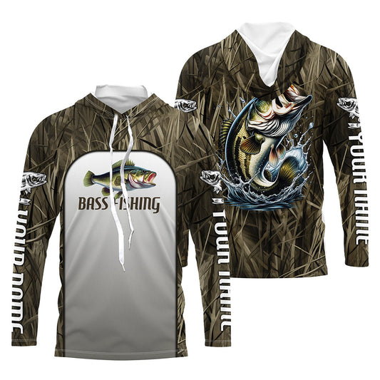 Maxcorners Largemouth Bass Fishing Grass Camo Custom Long Sleeve Fishing Shirts, Bass Tournament Fishing Jersey LM0201
