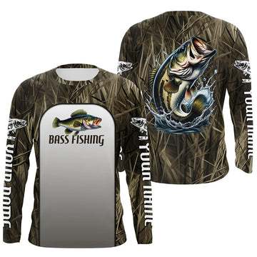 Maxcorners Largemouth Bass Fishing Grass Camo Custom Long Sleeve Fishing Shirts, Bass Tournament Fishing Jersey LM0201