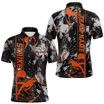 Maxcorners Custom Orange And Gray Camo Strike Bowling Polo Team Shirts For Men, Strike Bowling Jersey