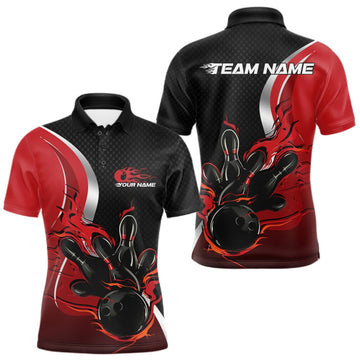 Maxcorners Custom Black And Red Flame Bowling Team Jersey, Bowling Polo Shirt For Men LM0409