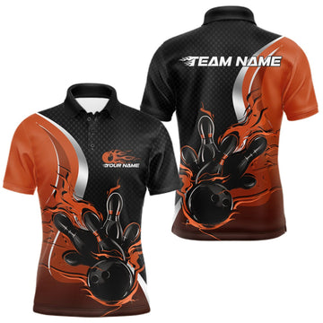Maxcorners Custom Black And Orange Flame Bowling Team Jersey, Bowling Polo Shirt For Men LM0409