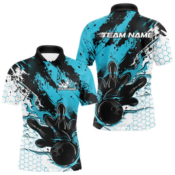 Maxcorners Custom Black, White And Turquoise Blue Flame Bowling Jersey, Bowling Team Men Polo Shirt LM0409