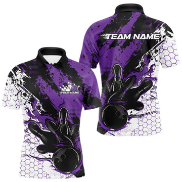 Maxcorners Custom Black, White And Purple Flame Bowling Jersey, Bowling Team Men Polo Shirt LM0409