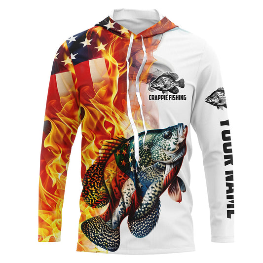 Maxcorners Flame American Flag Custom Crappie Fishing Shirts, Patriotic Crappie Long Sleeve Fishing Jerseys LM0501