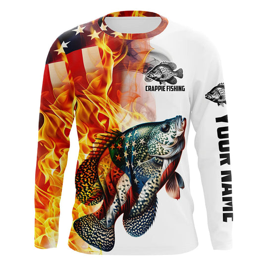 Maxcorners Flame American Flag Custom Crappie Fishing Shirts, Patriotic Crappie Long Sleeve Fishing Jerseys LM0501