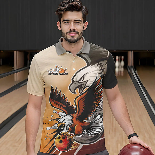 Maxcorners Custom Eagle Bowling Jerseys With Names, Orange Eagle Bowling League Men Polo Shirts