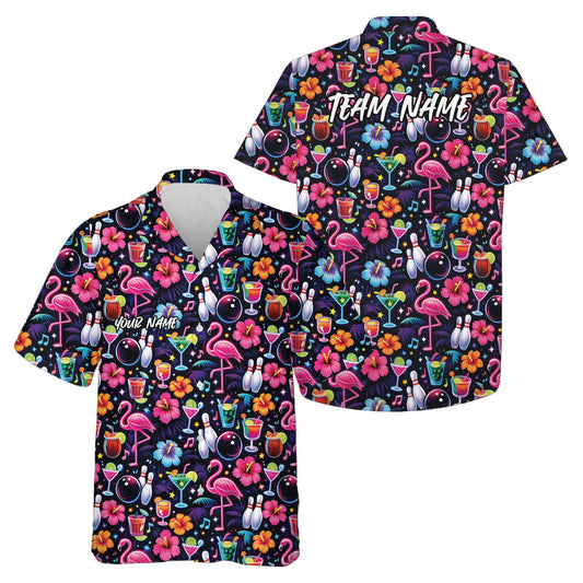 Maxcorners Custom Colorful Tropical Plants And Flamingo Hawaiian Bowling Shirt For Men And Women 6 LM0503