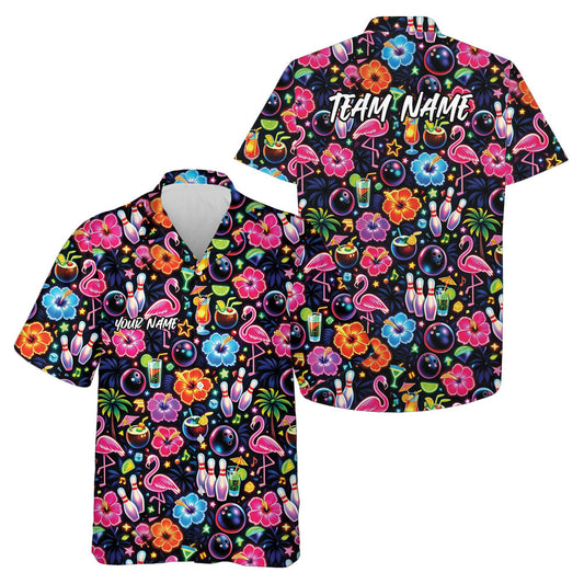 Maxcorners Custom Colorful Tropical Plants And Flamingo Hawaiian Bowling Shirt For Men And Women 7 LM0503