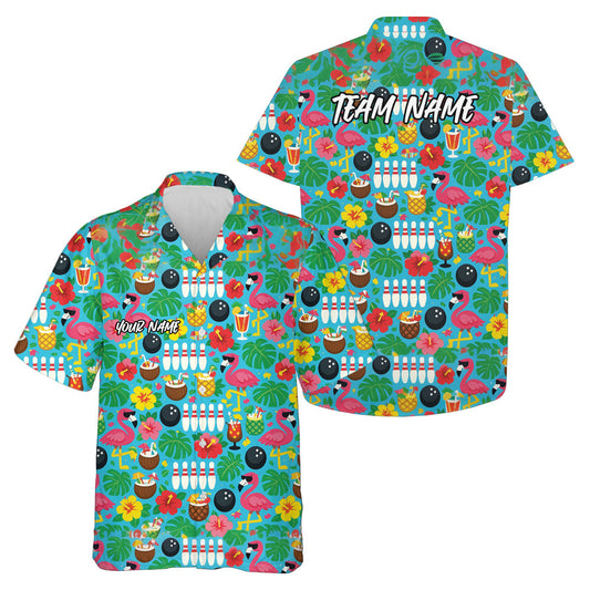 Maxcorners Custom Colorful Tropical Plant And Flamingo Hawaiian Bowling Shirt For Men LM0503
