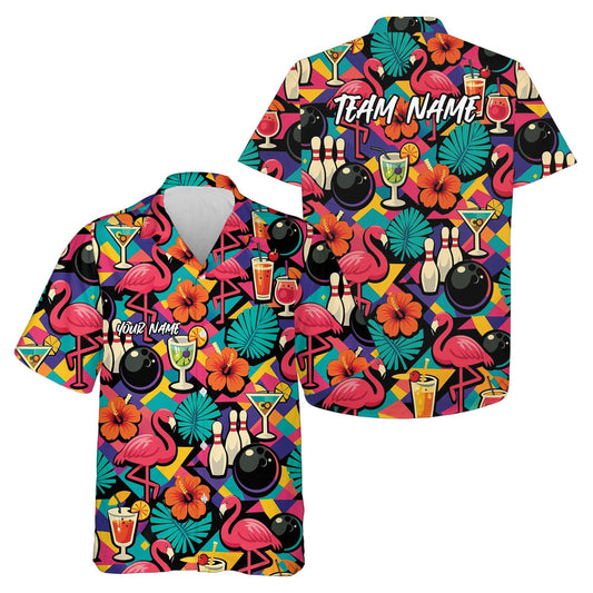 Maxcorners Custom Colorful Tropical Plants And Flamingo Hawaiian Bowling Shirt For Men LM0503