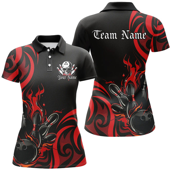 Maxcorners Custom Black And Red Flame Bowling Shirts For Men, Bowling League Shirts Team Jerseys