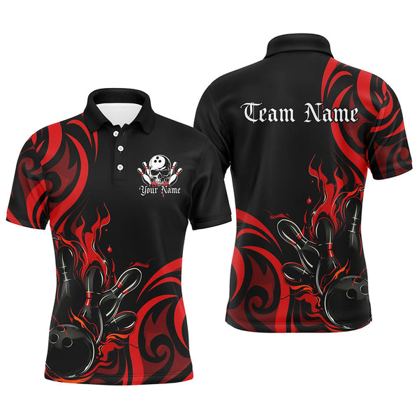 Maxcorners Custom Black And Red Flame Bowling Shirts For Men, Bowling League Shirts Team Jerseys