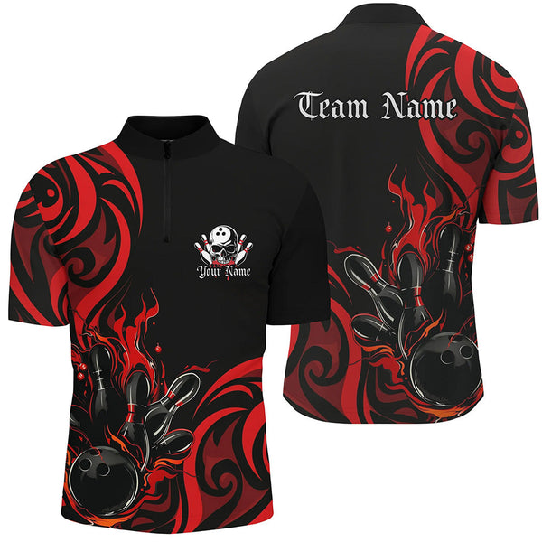 Maxcorners Custom Black And Red Flame Bowling Shirts For Men, Bowling League Shirts Team Jerseys