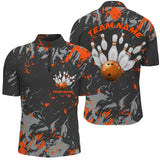 MaxCorners Bowling And Pins Black And Orange Camo Customized Name, Team Name 3D Stand Collar Zipper Polo Shirt For Men