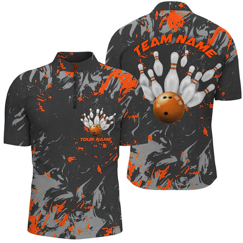 MaxCorners Bowling And Pins Black And Orange Camo Customized Name, Team Name 3D Stand Collar Zipper Polo Shirt For Men