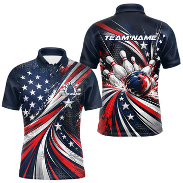 Maxcorners Personalized Patriotic Bowling Jerseys, US Flag Bowling League Polo Shirt For Men LM0410