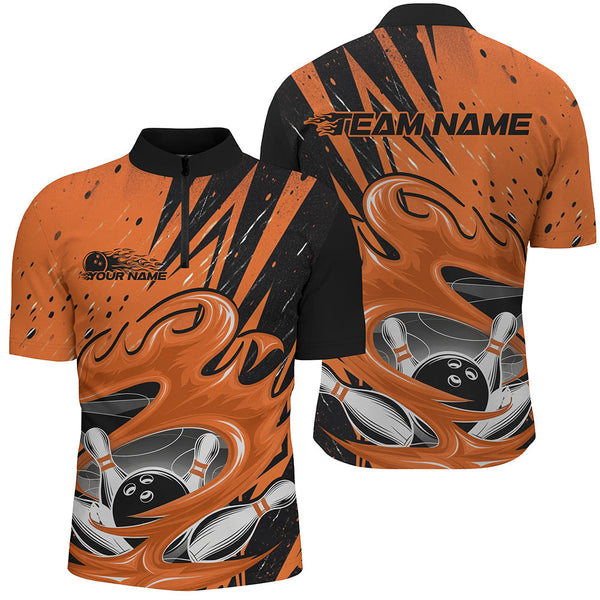 Maxcorners Black And Orange Custom Flame Bowling League Shirts, Bowler Polo Shirts