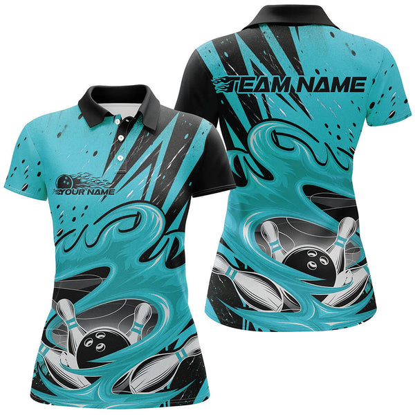 Maxcorners Black And Blue Custom Flame Bowling League Shirts, Bowler Polo Shirts