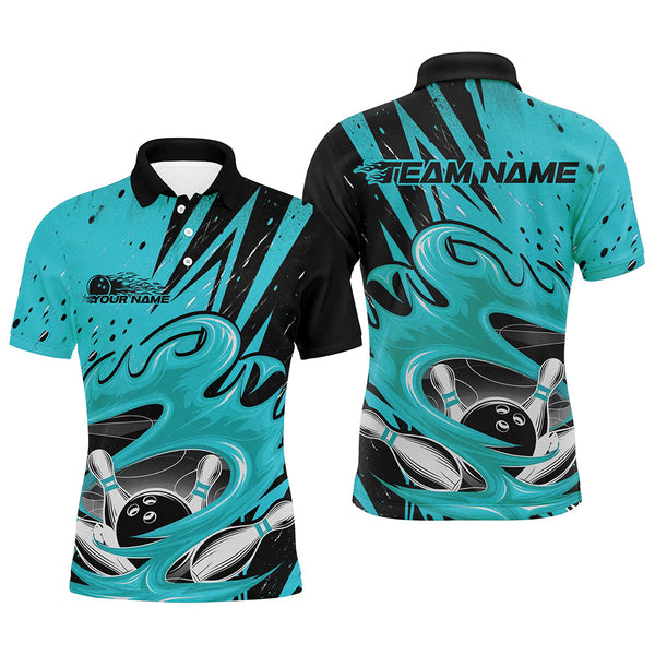 Maxcorners Black And Blue Custom Flame Bowling League Shirts, Bowler Polo Shirts