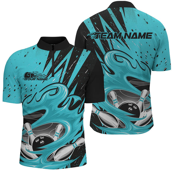 Maxcorners Black And Blue Custom Flame Bowling League Shirts, Bowler Polo Shirts