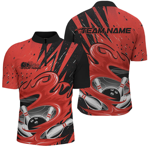 Maxcorners Black And Red Custom Flame Bowling League Shirts, Bowler Polo Shirts