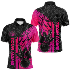 Maxcorners Custom Black And Pink Purple Flame Bowling Polo Shirts For Men, Bowling Pattern Shirt MT1006
